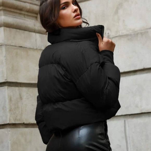 Quilted puffer jacket zip up stand collar black - Picture 2 of 6